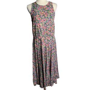 Vintage 90s Sleeveless Cottagecore Dress M Black Floral Pockets Elastic Waist